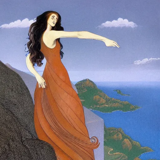 Image similar to Beautiful woman with long brown hair and a flowing dress standing on the ledge of a mountain, micheal parkes —H 768