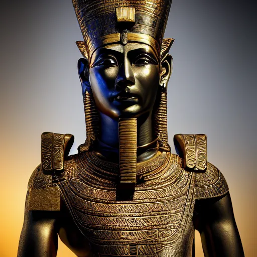 Image similar to an intricate photography portrait of a enigmatic pharaoh warrior soldier made of obsidian carving metal in a golden desert, extremely detailed, ornate, biomechanical, by wlop by jungyeonmin, james jean jhonseru jsezz, greg rutkowski, lens orbs, global illumination, japandi, hyperreal, micro details