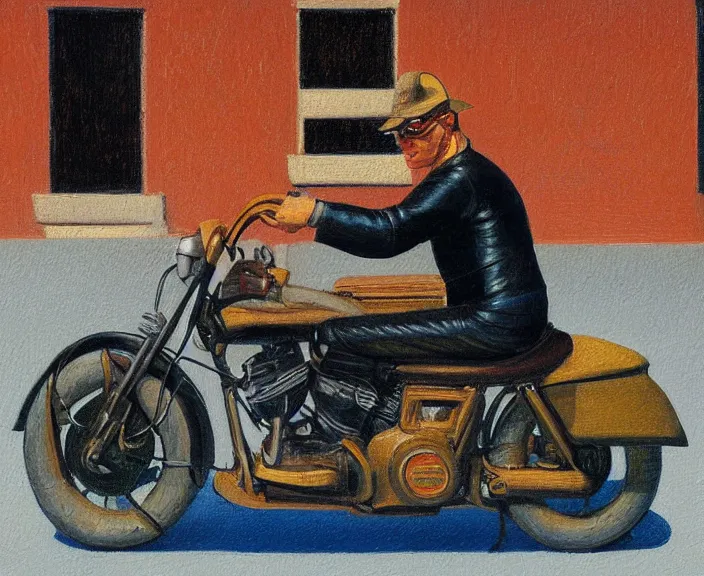 Image similar to a very detailed painting of a man wearing a leather jacket, riding a motorbike, harley davidson motorbike, worm's - eye view, very small brush strokes, in the style of edward hopper and grant wood and syd mead, 4 k,