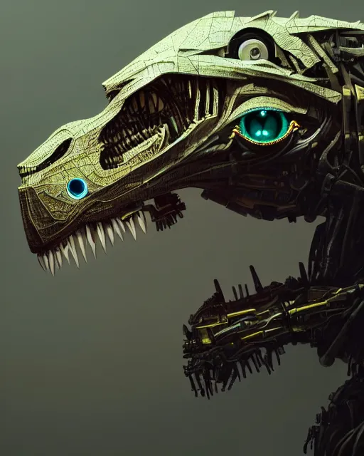 Image similar to mecha male t rex portrait, cyborg, intricate mechanical body, robot eyes, hyper realistic 3 d render by jonas roscinas, peter mohrbacher, greg rutkowski, ryohei hase, dramatic lighting, intricate, highly detailed, sharp focus, luminous, unreal engine, blender, artstation, masterpiece, ray tracing