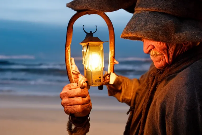 Image similar to closeup old man holding up a lantern on the beach in a pirate ship bay meet to a old wood shack by emmanuel lubezki