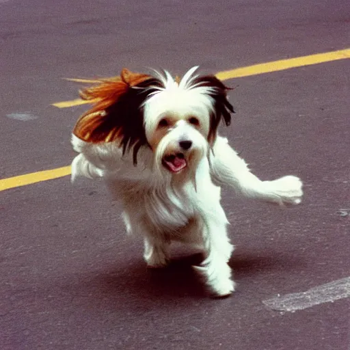 Image similar to “cream colored havanese dog break dancing in New York, 1988, 25mm Kodachrome photography”