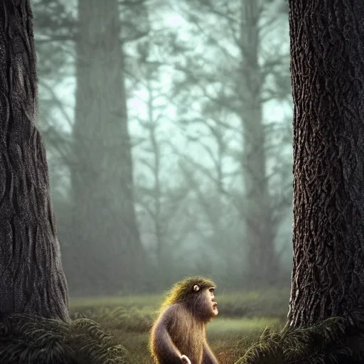 Prompt: award winning hyper realistic photograph of a sasquatch infant peering out timidly from behind a tree with large cute eyes, portrait, 8 k, twilight, foggy, moonlit