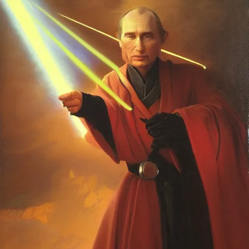 Prompt: sith lord putin, by ivan aivazovsky and syd mead and moebius and gaston bussiere and roger dean and pieter claesz and paul delaroche and alma tadema and gerard ter borch, hyperrealistic, volumetric light, octane render