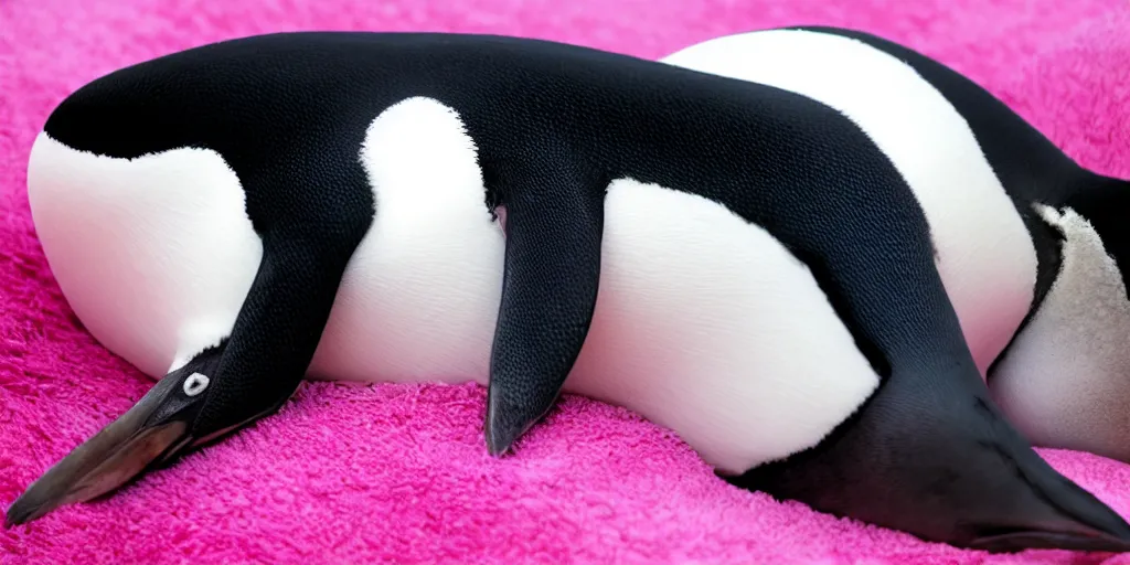 Image similar to realistic penguin sleeping in a pink fluffy bed