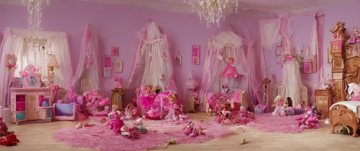 Image similar to movie still 4 k uhd 3 5 mm film color photograph of an princess room full of toys and dolls