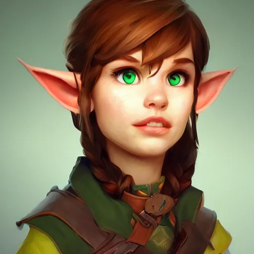 Image similar to Portrait of an elf ranger, brown long hair, no beard, inquisitive look, perfect facial symettry, mattepainting concept Blizzard pixar maya engine on stylized background splash comics global illumination lighting artstation lois van baarle, ilya kuvshinov, rossdraws