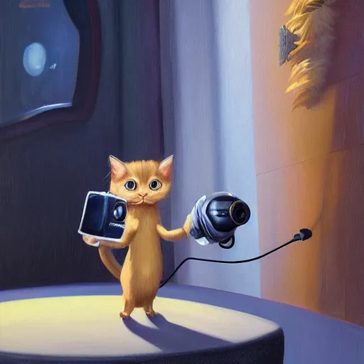 Image similar to cute long haired cat wearing a virtual reality headset, standing upright holding vr controllers playing vr game, detailed painting in the style of ralph mcquarrie 4 k