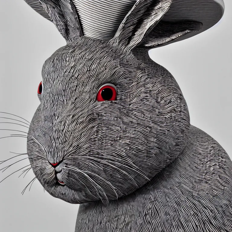 Image similar to hyperrealistic detailed image of a rabbit inside a hat in an art installation room, hd smooth interior by yayoi kusama, part by kei mieno, part by ross tran, dark art by james jean, ultra realistic, highly detailed, life like face, detailed body, 8 k, 3 d render by roger magrini, very cohesive, masterpiece