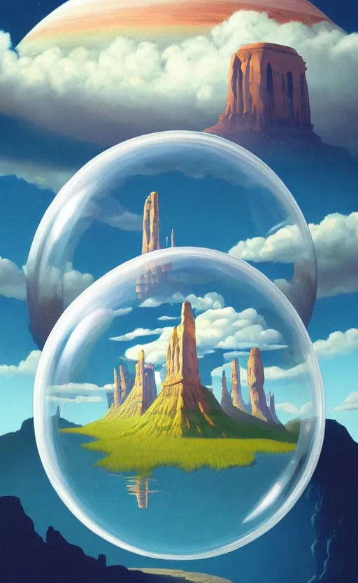 Image similar to a scary hyperrealist painting of a rocketship in a giant transparent cubic bubble from howl's moving castle ( 2 0 0 4 ) in a flooded monument valley stonehenge jungle. depth perception, 4 k, artstation, in the style of studio ghibli