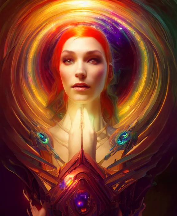 Image similar to a whirlwind of souls rushing inside the metaverse, half body, glowin eyes, tiara with sapphire, pharaoh, android, cyberpunk, d & d, fantasy, intricate, elegant, highly detailed, colorful, vivid color, digital painting, artstation, concept art, art by artgerm and greg rutkowski and alphonse mucha and ruan jia