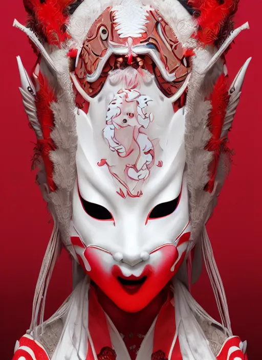 Image similar to albino maiko with a kitsune mask, fluent composition, red and white neon, concept art, ambient light, 4 k, intricate details, highly professionally detailed, cgsociety, highly detailed -