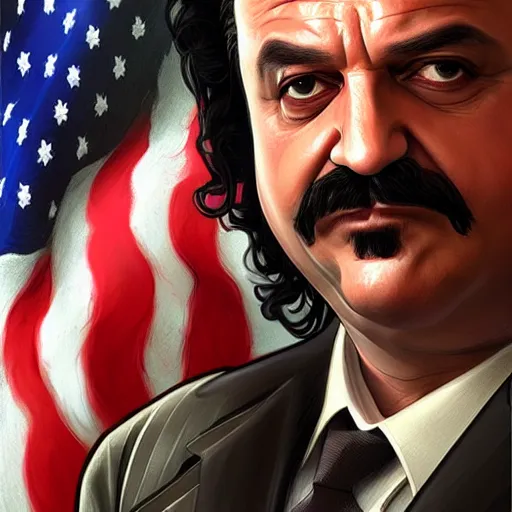 Image similar to handsome Ron Jeremy as President of United States of America as GTA character , western, fantasy, closeup, D&D, intricate, elegant, highly detailed, digital painting, artstation, concept art, matte, sharp focus, illustration, art by Artgerm and Greg Rutkowski and Alphonse Mucha