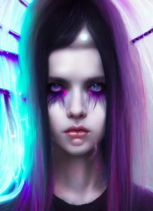 Image similar to hair whitebangs hair, black cyberlox, portrait of normal teenage girl with white bangs, messy bangs, cyberlox, whitebangs, red irises, purple clothes, intricate, elegant, glowing lights, highly detailed, digital painting, artstation, concept art, sharp focus, smooth, illustration, art by wlop, mars ravelo and greg rutkowski