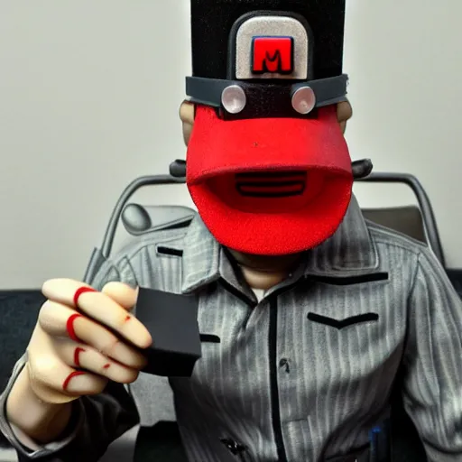 Prompt: Photo of cyborg Mario at a job interview. 4k. Detailed. Realistic. Dystopian corporation.