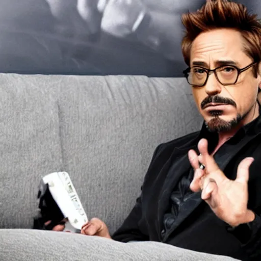 Image similar to a photo of a man sitting on his couch watching robert downey jr interview