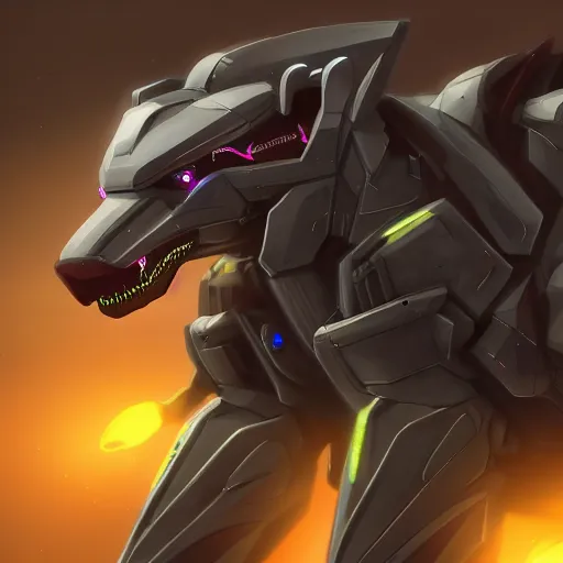 Image similar to highly detailed cinematic full body shot of a mecha canine, sharp claws, detailed maw, sleek armor, glowing visor, charging through city, digital art, furry art, furaffinity, deviantart, dragon art