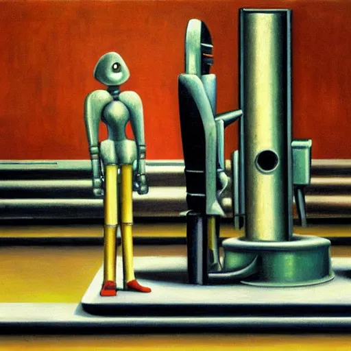 Image similar to robot judge, guards, chambers, brutalist, dystopian, pj crook, edward hopper, oil on canvas