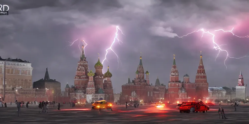Prompt: a fiery thunderstorm with a tornado over red Square in Moscow, lot of people running and crying, photorealistic, 4k, unreal engine 5, trending on artstation, artstationHD