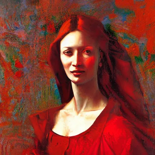 Image similar to a woman in red, dmitry spiros, leonardo da vinci, jacques - louis david, johannes vermeer, 8 k, wide angle,