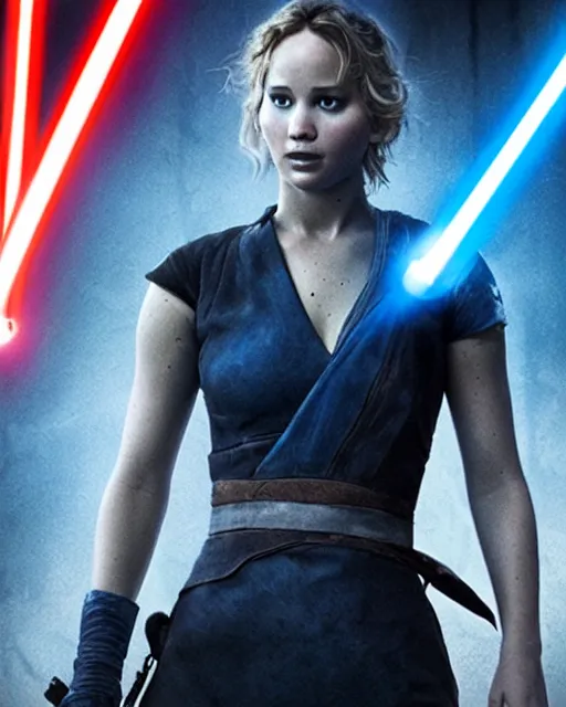 Prompt: jennifer lawrence as a jedi with ripped and damaged clothes holding a single lightsaber, blue coloured, in her hands, very dark background, official new star wars episode xi movie poster from lucas arts, perfect symmetrical face, moody lighting, 8 k, shallow depth of field, intricate detail,