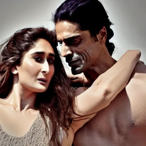 Image similar to kareena kapoor with arjun rampal in the bed, au naturel, hyper detailed, photographic, cinematic lighting, studio quality.