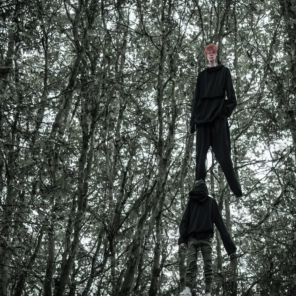 Image similar to cinematic still of bladee in dark forest, XF IQ4, f/1.4, ISO 200, 1/160s, 8K, RAW, dramatic lighting, symmetrical balance, in-frame