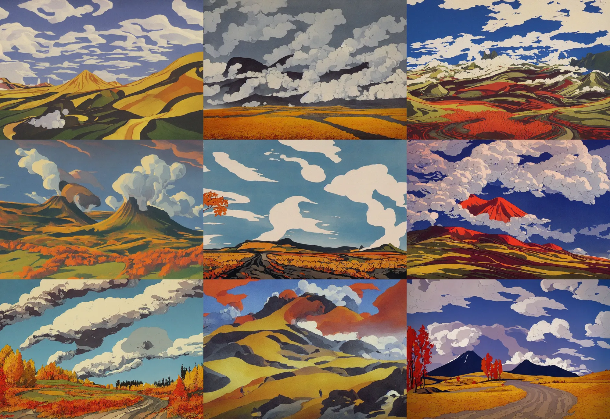 Prompt: travelers have hard track through autumn and fields, iceland eruption volcano coast, clouds, painting in the style of Alfred Joseph Casson