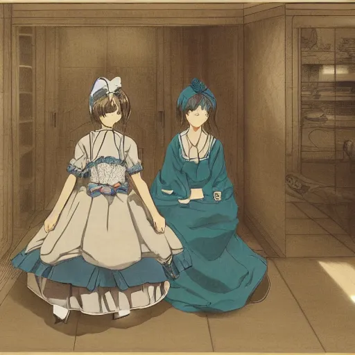 Prompt: a scene of two beautiful maids standing face to face , detailed anime art