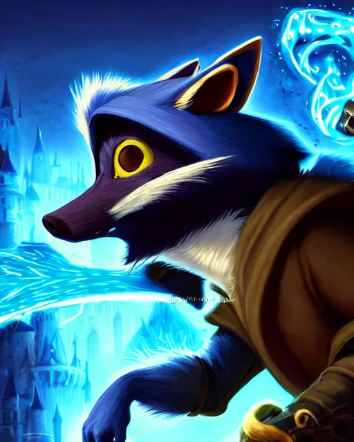 Image similar to closeup, highly detailed digital illustration portrait of hooded sorcerer sly cooper raccoon casting a magical energy sparkling blue glowing spell in an ancient castle, action pose, d & d, magic the gathering, by rhads, frank frazetta, lois van baarle, jean - baptiste monge, disney, pixar,