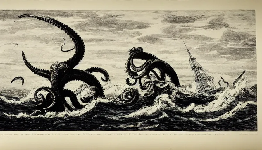 Prompt: lithograph of the kraken sinking a ship