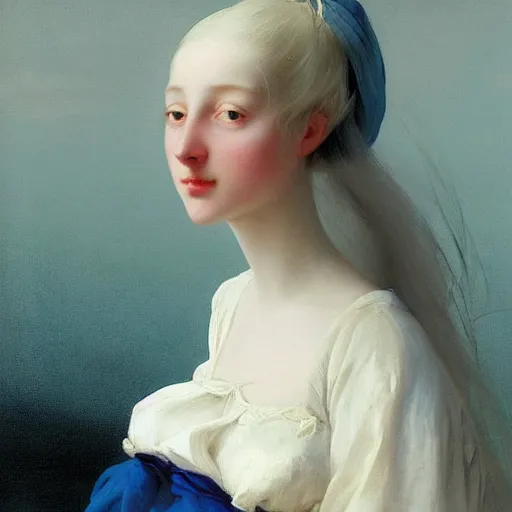 Prompt: a young woman’s face, her hair is white, she wears a long flowing blue satin veil, by ivan aivazovsky and and pieter claesz and paul delaroche and alma tadema and and willen claesz heda and aelbert cuyp and gerard ter borch, hyperrealistic, rendered in octane