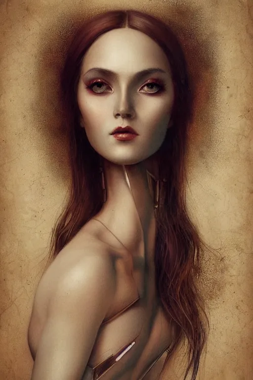 Image similar to Abstract tech portrait of a beautiful female dollpunk with thin lustrous hair wearing a full bodysuit, focus, detailed, realistic eyes, symmetric body features proportions, intricate details, award winning, by Tom Bagshaw