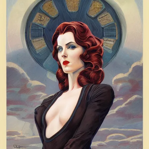 Image similar to a streamline moderne, ( art nouveau ), ( ( dieselpunk ) ) painting in the style of charlie bowater, and in the style of donato giancola, and in the style of charles dulac. symmetry, smooth, sharp focus, hyperrealism, intricate symmetrical ultrafine background detail.