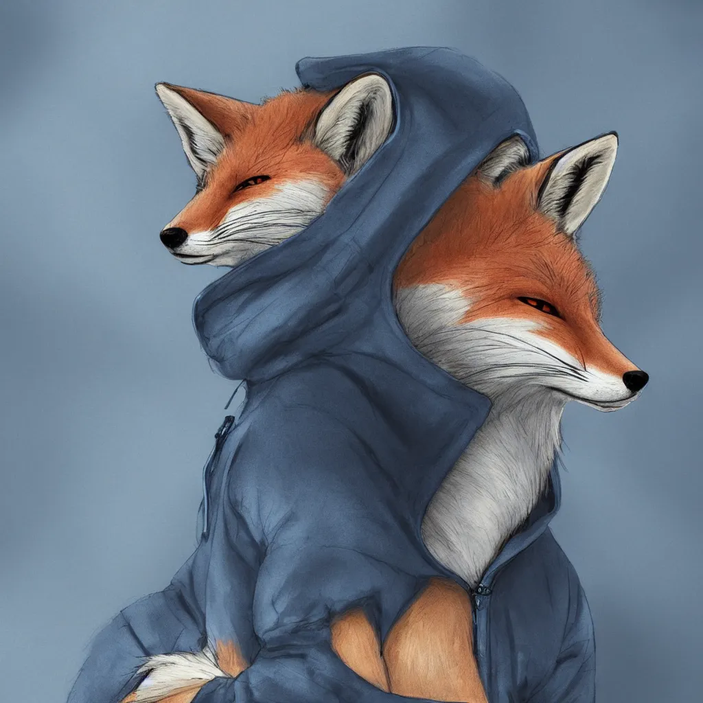 Prompt: a closeup profile shot of an anthropomorphic fox in a blue hoodie sitting in front of the computer, dark tones, concept art, digital art, highly detailed, anime, by hayao miyazaki