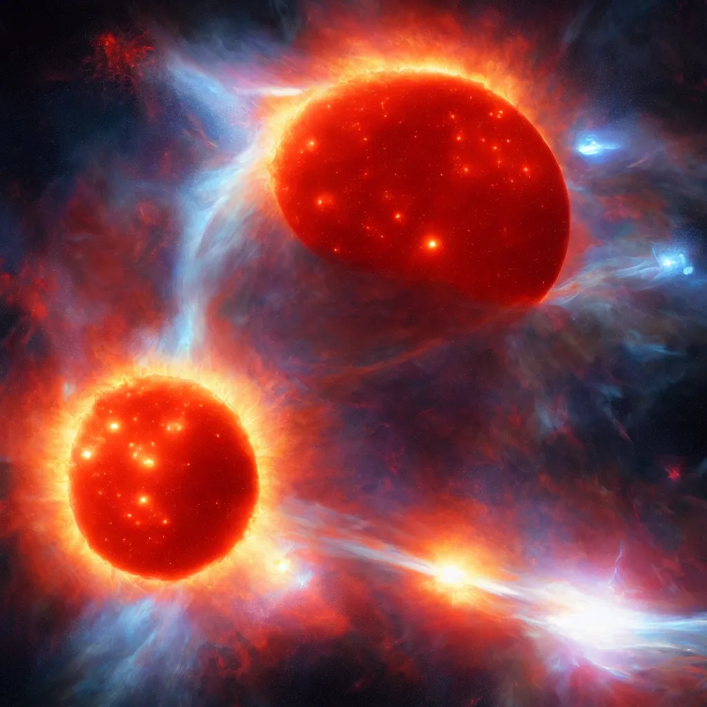 Image similar to a beautiful painting of a red giant star going supernova, volumetric lighting by jean kalin popov and greg rutkowski