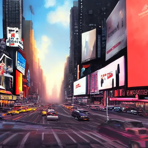 Prompt: huge modern downtown city, billboards, advertisements, Times Square, small buildings, dark, matte painting, concept art, digital painting, style of Ian Hubert, warm lighting, futuristic, volumetric lighting, street view, daytime, godrays , high detail