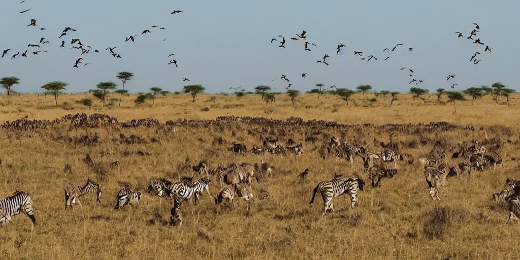 Prompt: animals are migrating on the savannah of africa