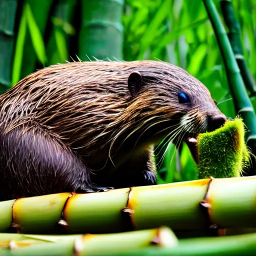 Prompt: wildlife photography of a beaver chewing down a bamboo shoot, f / 1. 8, soft focus, 8 k, national geographic