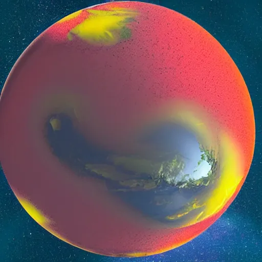 Image similar to a planet in shape of cube, filled with dark red oceans and yellow vegetation, satellite image