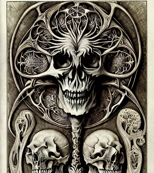 Image similar to memento mori by arthur rackham, art forms of nature by ernst haeckel, exquisitely detailed, art nouveau, gothic, ornately carved beautiful skull dominant, intricately carved antique bone, art nouveau botanicals, ornamental bone carvings, art forms of nature by ernst haeckel, horizontal symmetry, arthur rackham, ernst haeckel