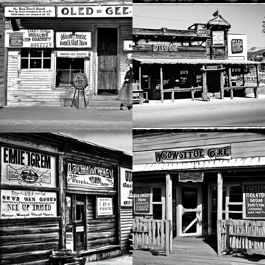 Prompt: old western town general good store historical photo black and white grainy