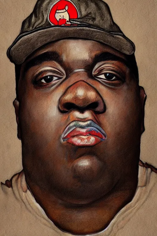 Image similar to a realistic portrait of biggie smalls in style of egon schiele, masterpiece, hyperdetailed, complex, intricate, 4 k, trending on artstation