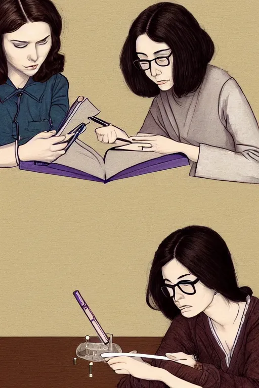 Image similar to portrait of two wise and very beautiful women scientists reviewing some texts, intricate, elegant, highly detailed, smooth, sharp focus, artstation