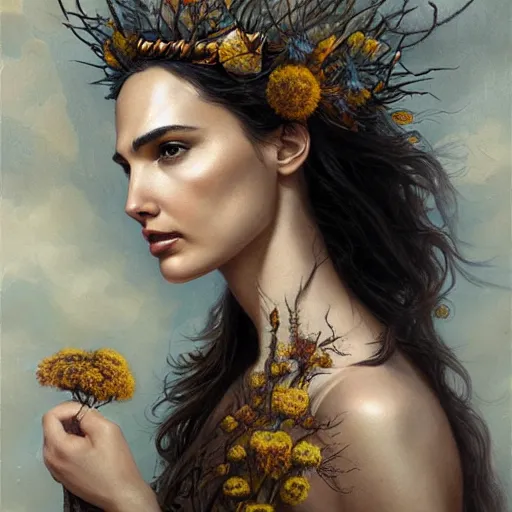 Image similar to fine art photo of the beauty goddess gal gadot, she has a crown of dried flowers, by peter mohrbacher