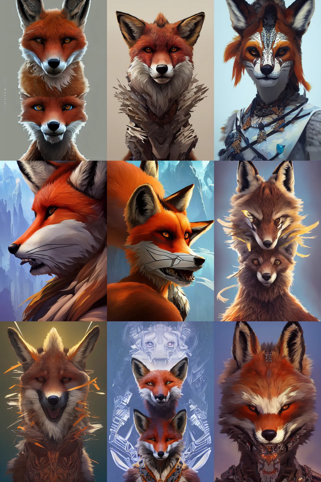Prompt: symmetry!! portrait of fox furry in the style of horizon zero dawn, machine face, intricate, elegant, highly detailed, digital painting, artstation, concept art, smooth, sharp focus, illustration, art by artgerm and greg rutkowski and alphonse mucha, 8 k
