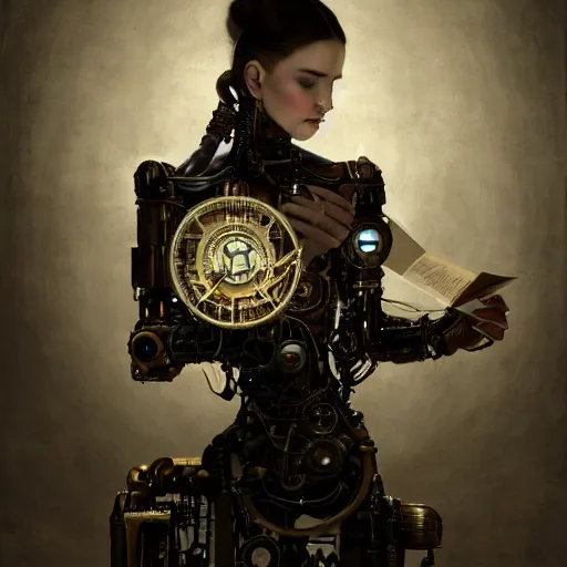 Prompt: a beautiful intricate fine art portrait photo of a a mechanical industrial steampunk cybernetic robot reading a letter held in her hands, by tom bagshaw and zach sutton, perfection!, happiness, golden ratio composition, studio lighting, 50mm lens, very detailed, bionic, cybernetic scifi, deep depth of field, artstation, 8K, highly coherent