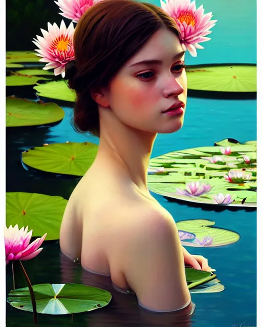 Image similar to stylized portrait of an artistic pose, composition, young lady sorrounded by nature, water lilies, flowers, realistic shaded, fine details, realistic shaded lighting poster by ilya kuvshinov, magali villeneuve, artgerm, jeremy lipkin and michael garmash and rob rey