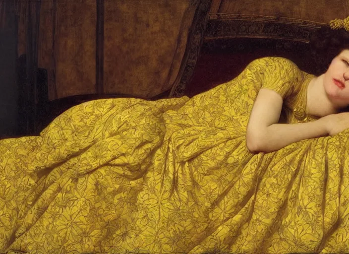 Image similar to portrait of judy garland reclining on bed, wearing yellow ochre ornate medieval dress, preraphaelite colour photography by frederic leighton, william morris, 8 k