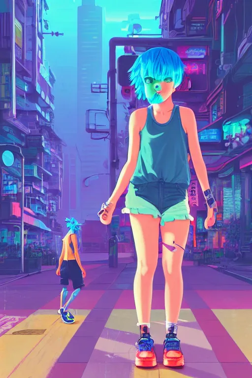 Image similar to digital illustration of cyberpunk muppet girl with blue hair, wearing a tank top and shorts, wearing nike air mags, full body pqkose, in city street at night, by makoto shinkai, ilya kuvshinov, lois van baarle, rossdraws, basquiat